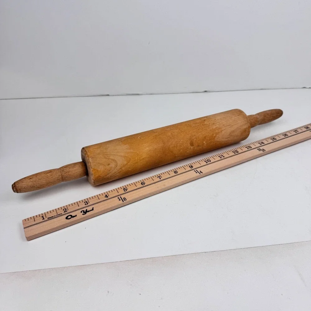 Vtg Wooden Rolling Pin w Handles tan cook baking Rustic Cottagecore grannycore